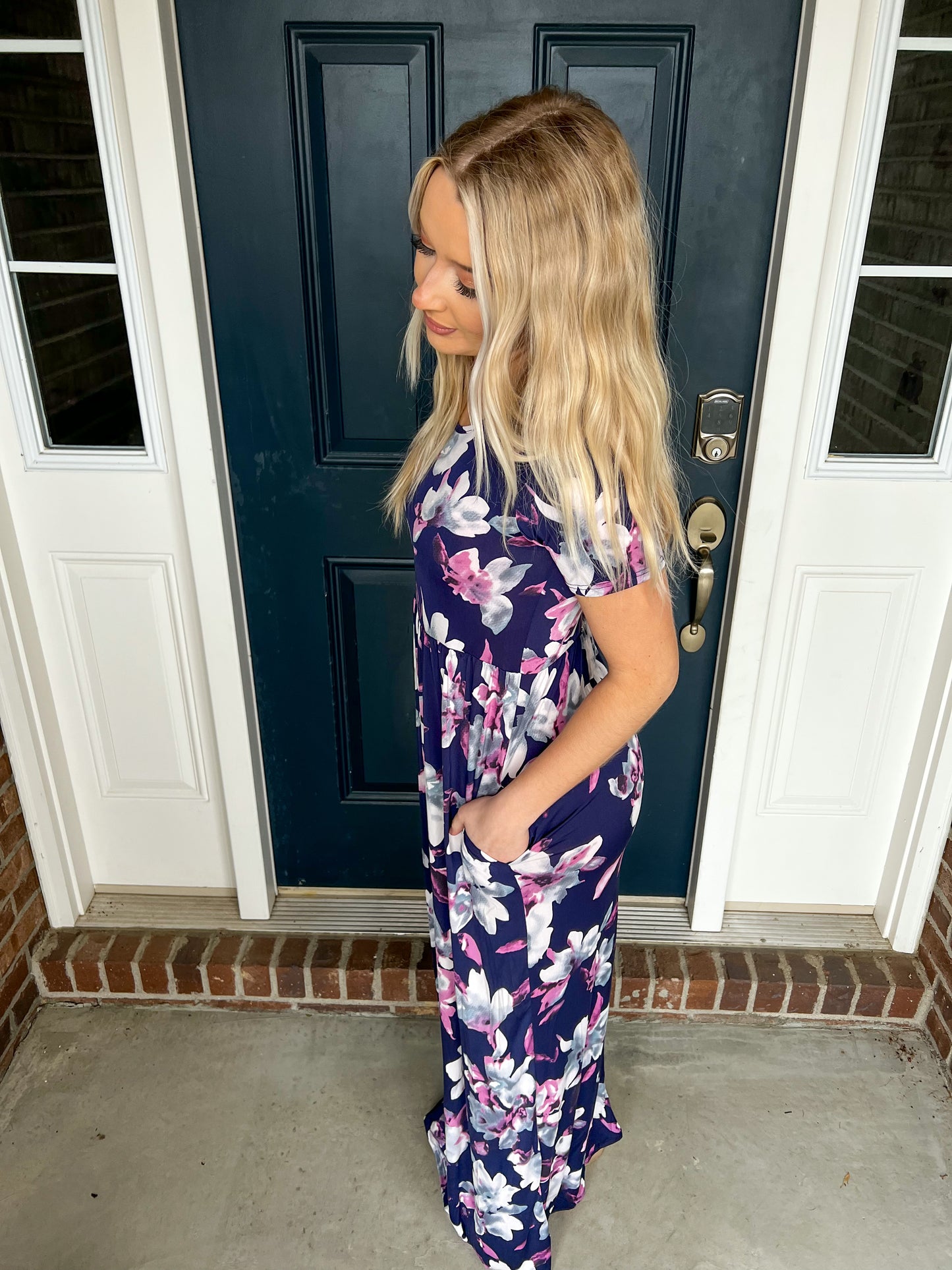 Navy Floral Maxi Dress with Pockets