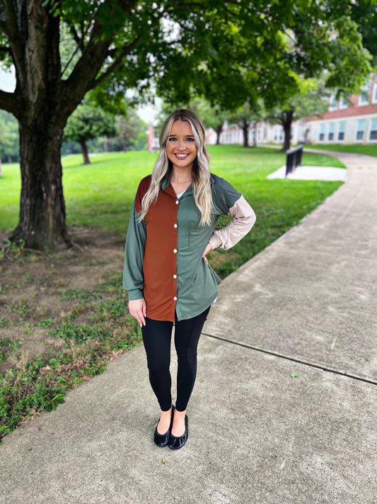 Olive and Rust Color Block Shacket