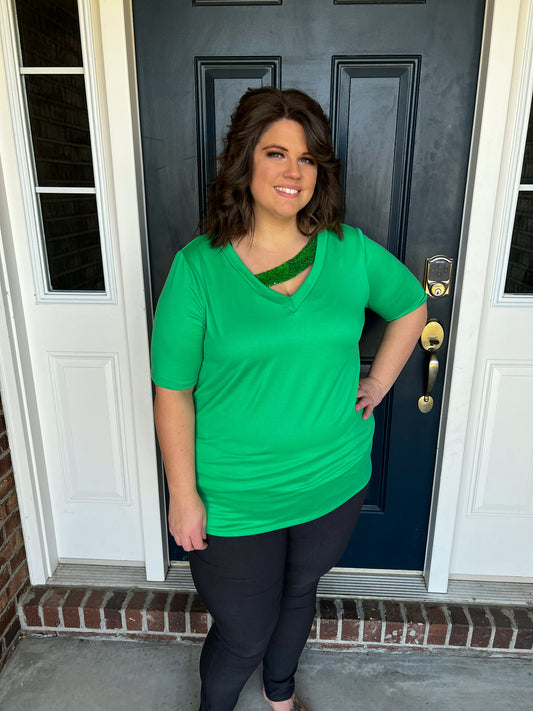 Green with Sequin Accent Short Sleeve Top