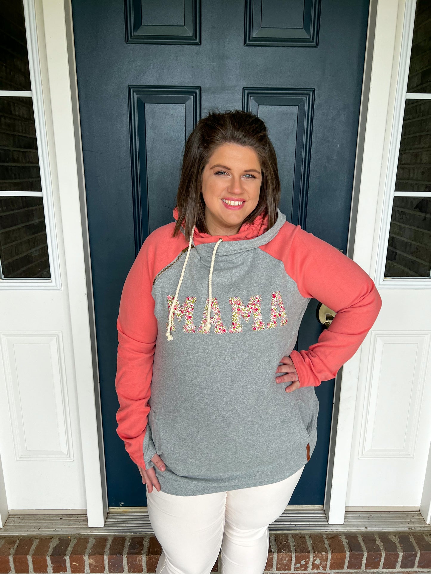 Ampersand Ave Mama Coral and Floral Doublehood Sweatshirt